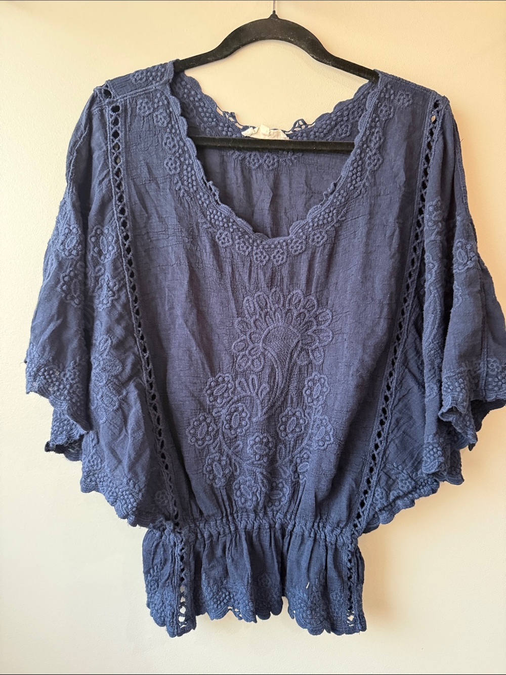 Solitaire Navy Embroidered Peasant top cinch waist butterfly sleeve Small